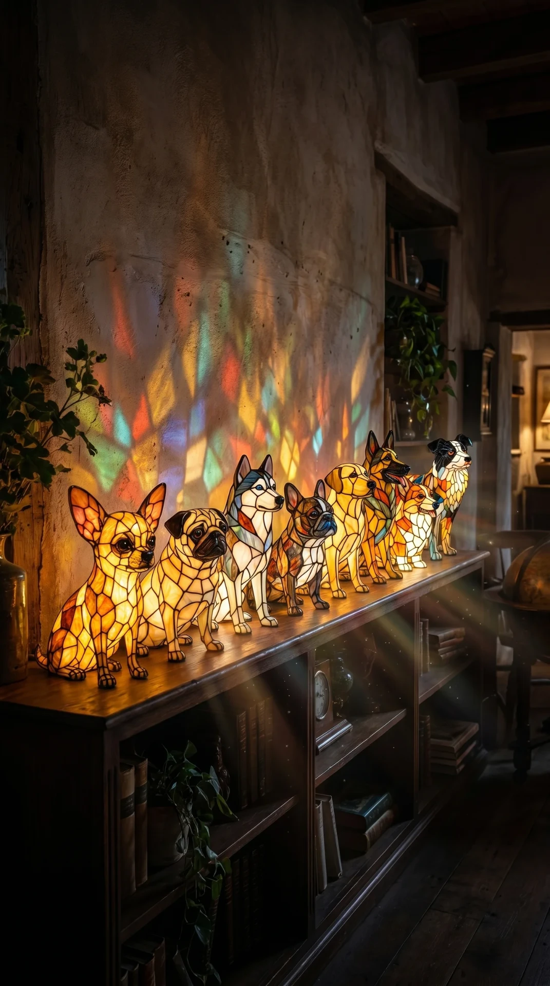 Stained glass dog lamp collection glowing on a rustic shelf